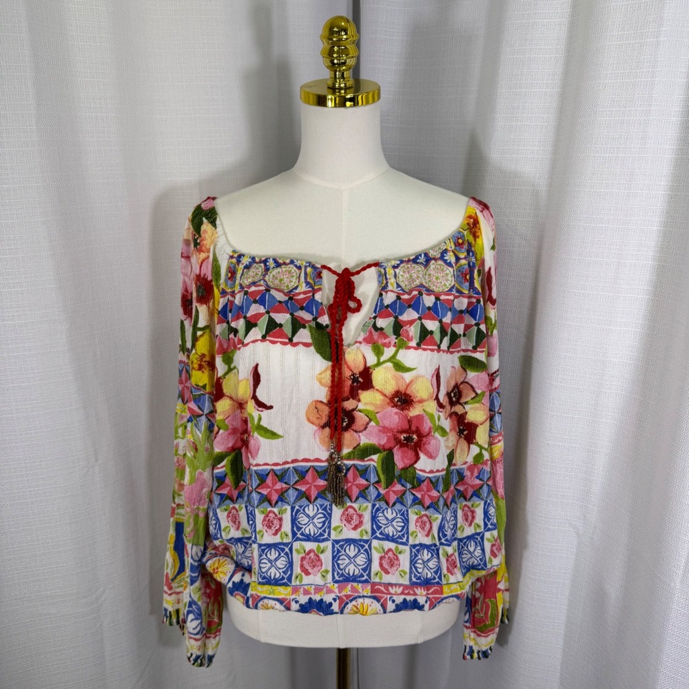 Desigual Carola Top Floral Peasant Blouse Metallic Gold Tassels Y2K Boho Medium‎